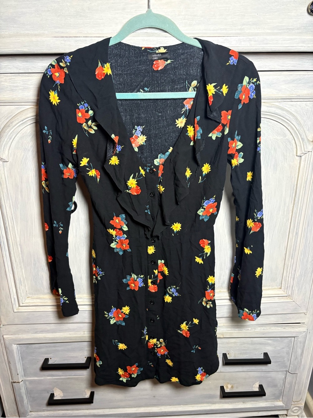 Nobody’s Child Black Floral Ruffle Button Bell Sleeve Mini Twee Cottagecore - Picture 3 of 10